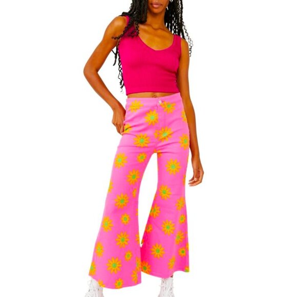 Free People Youthquake Pink Lipstick Combo Cropped Retro Flare Jeans Size 30 NWT - Picture 11 of 15